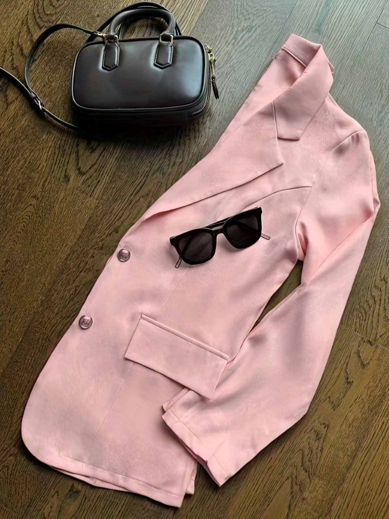 Chic V-Neck Crop Top, Versatile Pants Skirt & Long Sleeve Blazer Three-Piece Set - Polyester Blend, Solid Color, Pockets, Perfect for Spring/Summer, Chic Outfit
