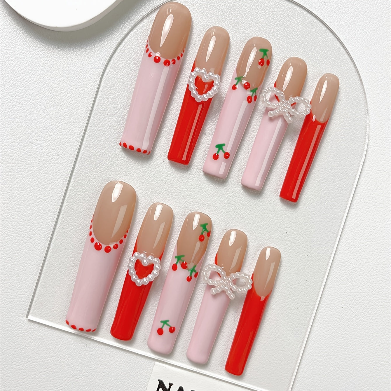 10pcs Y2K Minimalist Japanese & Korean Style Press-On Nails Set - Super Long Coffin Shape with Pink, Red Cherry, Polka Dots, Heart & Bow Knot Designs - Pearlescent Glossy Finish, Elegant & Cute Kawaii Nail Art Kit
