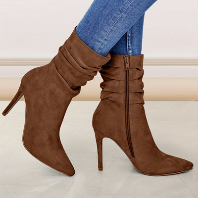 Women's Plain Fashionable Mid-Calf Boots with Zipper for Comfort and Casual Wear, Round Toe in the Middle of Calf