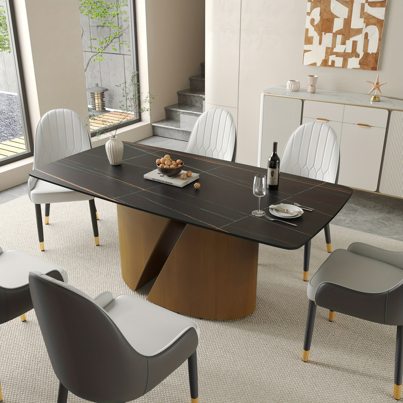Modern Marble Dining Table for 6-8(Chairs Not Included), 63" White Rectangle Dining Table, Luxury Sintered Stone Dining Tabletop with Bronze Carbon Steel Pedestal Dinner Table for Kitchen Dining Room