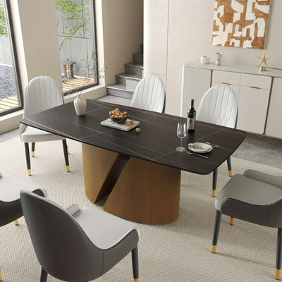 Modern Marble Dining Table for 6-8(Chairs Not Included), 63" White Rectangle Dining Table, Luxury Sintered Stone Dining Tabletop with Bronze Carbon Steel Pedestal Dinner Table for Kitchen Dining Room