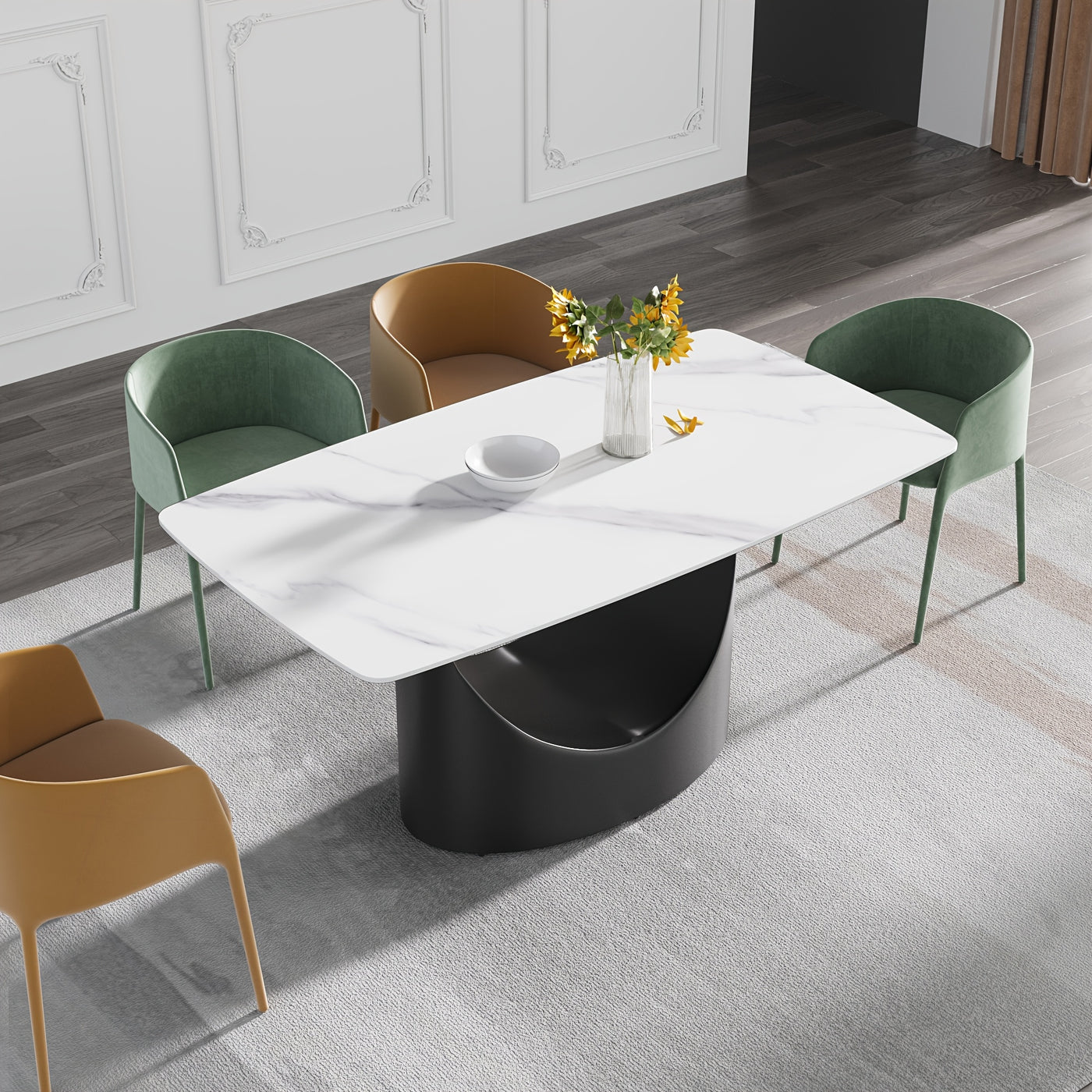 Modern Rectangle Marble Dining Table(Dining Table Only, Chairs Not Included), Marble Sintered Stone Top Dining Table, Rectangle Dining Room Table With Unique U-Shape Carbon Steel Pedestal For Kitchen/Living Room