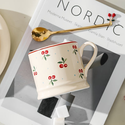 1pc Cute Korean-Style Cherry Ceramic Mug - Vibrant Red Cherry & Green Leaf Design, White with Blue Dots Background - Perfect for Coffee, Tea, Milk, and Afternoon Tea - Handwash Only, Reusable & High-Quality Gift Cup for Home,