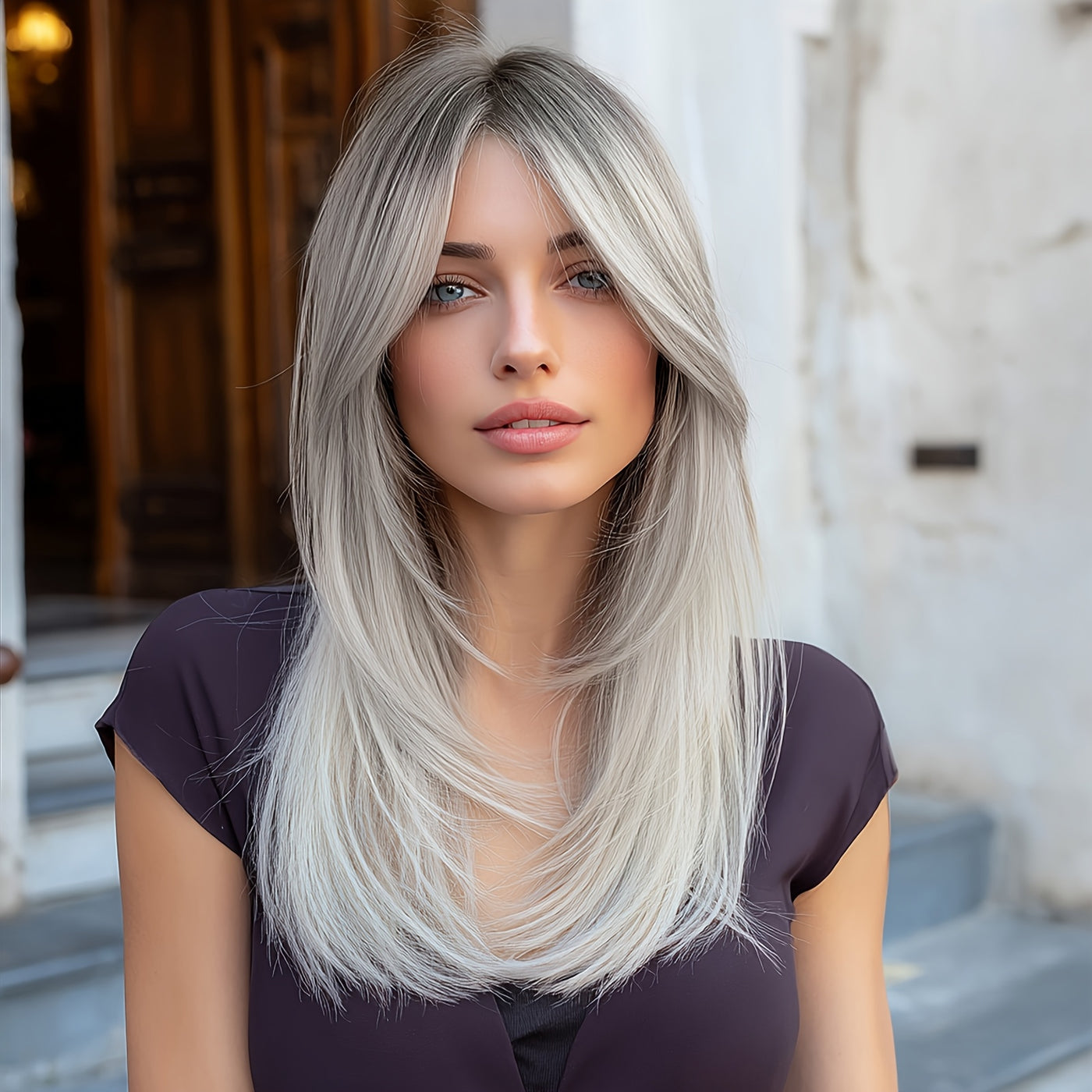 [Ombre Gray Heat Resistant Wig] Heat Resistant Long Straight Ombre Gray Wig - Elegant Women's Layered Synthetic Wig with Rose Net Cap for Daily Use & Cosplay