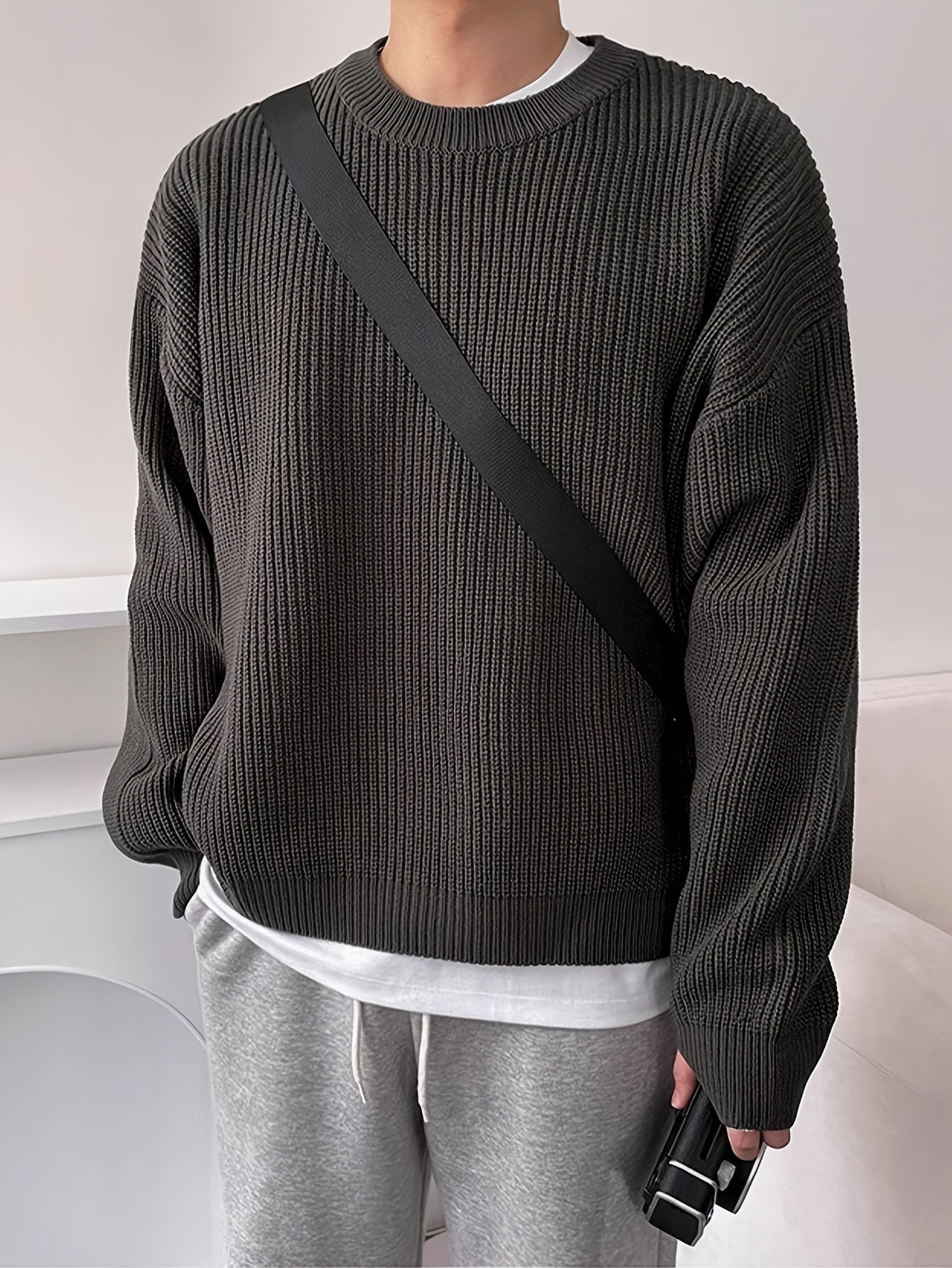 Men'S & Women'S Unisex Knit Sweater, Casual Crew Neck Pullovers, Rib-Knit Long Sleeve, All-Season Acrylic 100%, Loose Fit Solid Color, Medium Stretch, Japanese & Korean Style Streetwear