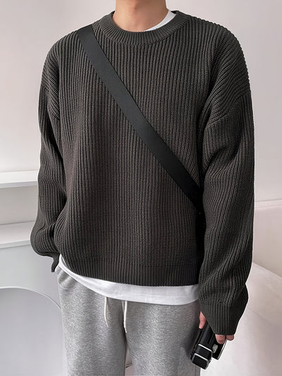 Men'S & Women'S Unisex Knit Sweater, Casual Crew Neck Pullovers, Rib-Knit Long Sleeve, All-Season Acrylic 100%, Loose Fit Solid Color, Medium Stretch, Japanese & Korean Style Streetwear