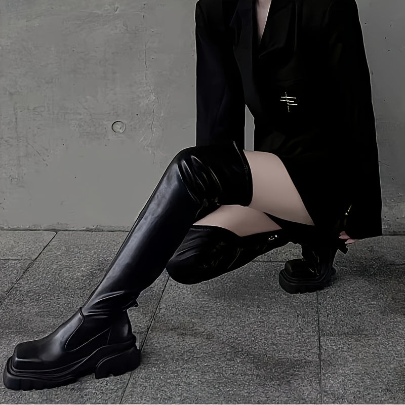 Women's Gothic Elegant Square Toe Chunky High-Heel Ankle Boots with Thick Platform - Winter Faux Cover/Fabric Upper, Zipper Closure & Round-to-Square Heel - All-Black Gothic Boots for Everyday & Formal Outfits, Comfortable Ru