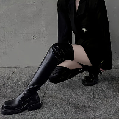 Women's Gothic Elegant Square Toe Chunky High-Heel Ankle Boots with Thick Platform - Winter Faux Cover/Fabric Upper, Zipper Closure & Round-to-Square Heel - All-Black Gothic Boots for Everyday & Formal Outfits, Comfortable Ru
