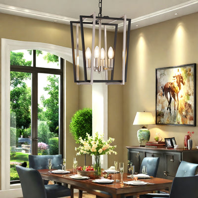 4-Light Adjustable Height Chandelier, Modern Farmhouse Geometric Metal Pendant Light Fixture with Polished Golden Finish & Rust-Resistant Powder Coating, E12 Base for Kitchen Island, Entryway, Foyer, Dining Room, Chandeliers