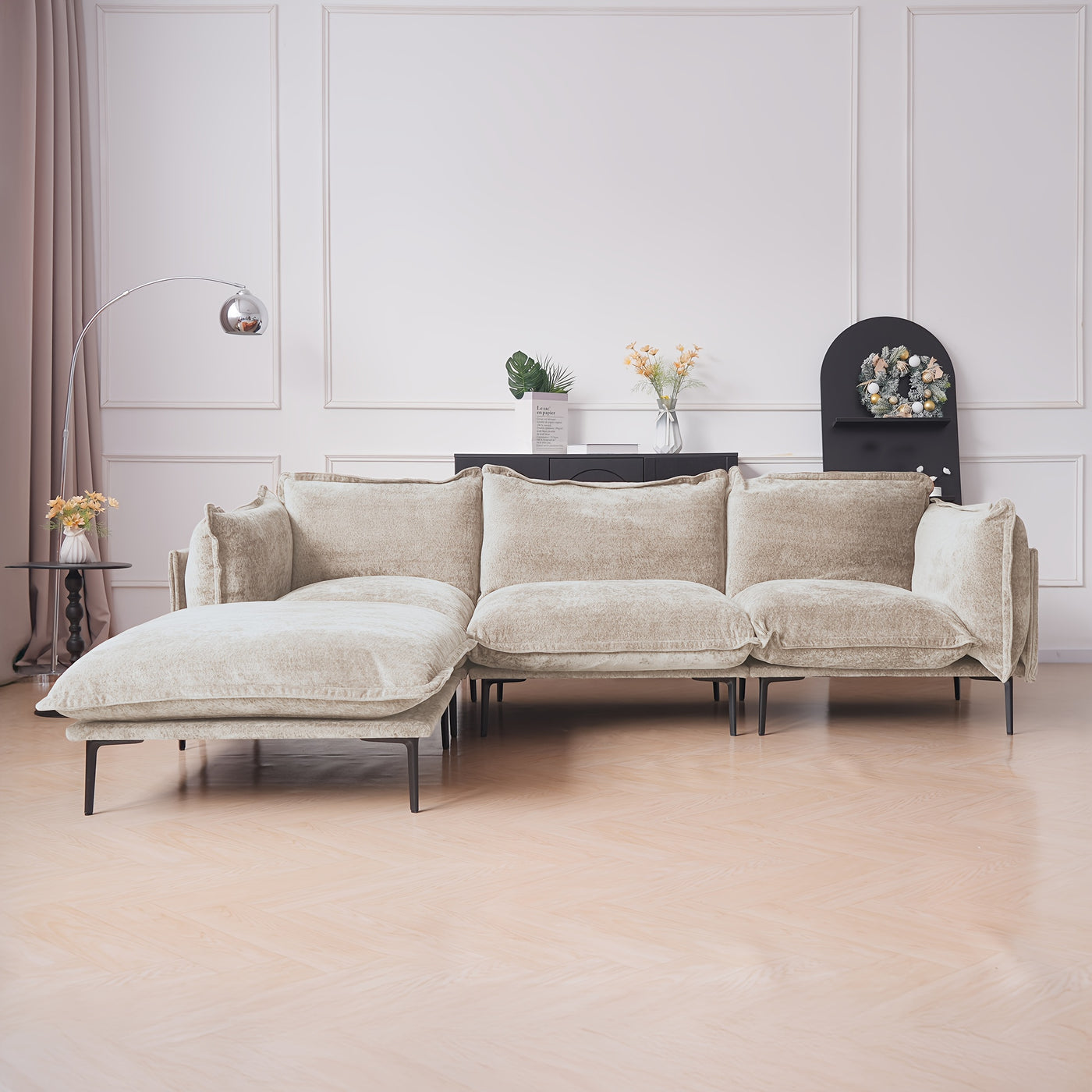 111" L-Shaped Modular Sectional Sofa - 3-Seater Cloud Couch with Movable Ottoman, Deep Seat Low Plush White Modern Sofa for Living Room, Metal Frame & Pillow Backrest, No Assembly Required, Sectional Sofa for Living Room, Ver