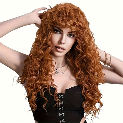 24" Heat Resistant Synthetic Body Wave Curly Wig with Bangs