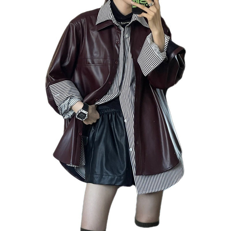 Grape Purple PU Leather Coat Women's Retro