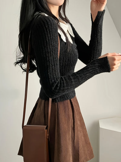 Korean Chic Autumn And Winter Design Unique Faux Two-Piece Large Collar Knitted Sweater for Women