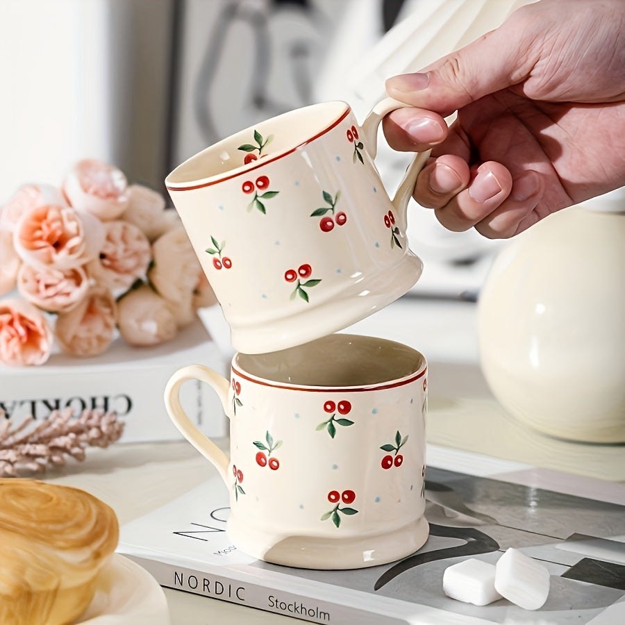 1pc Cute Korean-Style Cherry Ceramic Mug - Vibrant Red Cherry & Green Leaf Design, White with Blue Dots Background - Perfect for Coffee, Tea, Milk, and Afternoon Tea - Handwash Only, Reusable & High-Quality Gift Cup for Home,