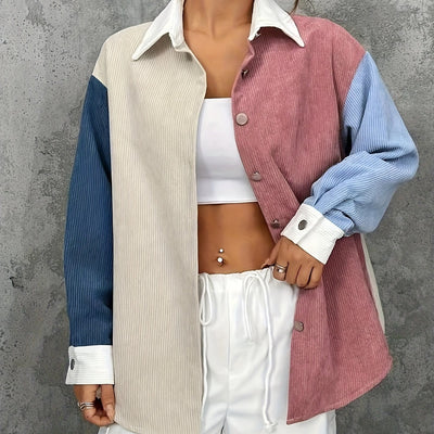 Color Block Button Front Shirt, Casual Long Sleeve Drop Shoulder Shirt For Spring & Fall, Women's Clothing
