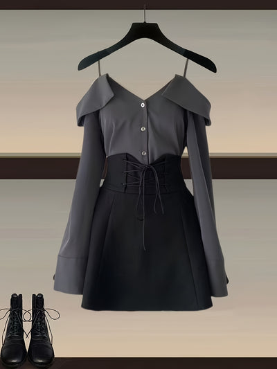 Women Summer Outfits Y2k Streetwear Off The Shoulder Ruffles Patchwork Tops+high Waist Lace Up Bandage A-line Skirts Set for Women Cute Slash Neck Two Pieces Sets Female Clothing