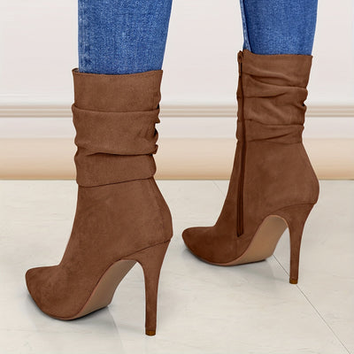 Women's Plain Fashionable Mid-Calf Boots with Zipper for Comfort and Casual Wear, Round Toe in the Middle of Calf