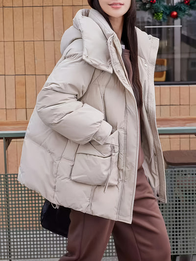 Women's Fashion Korean Style Mid-Length Puffer Coat, Thickened Warmth with Hood, Solid Color, Non-Stretch Polyester, Casual Loose Fit, Long Sleeve, Zipper Front, 180g Down, Winter Outerwear