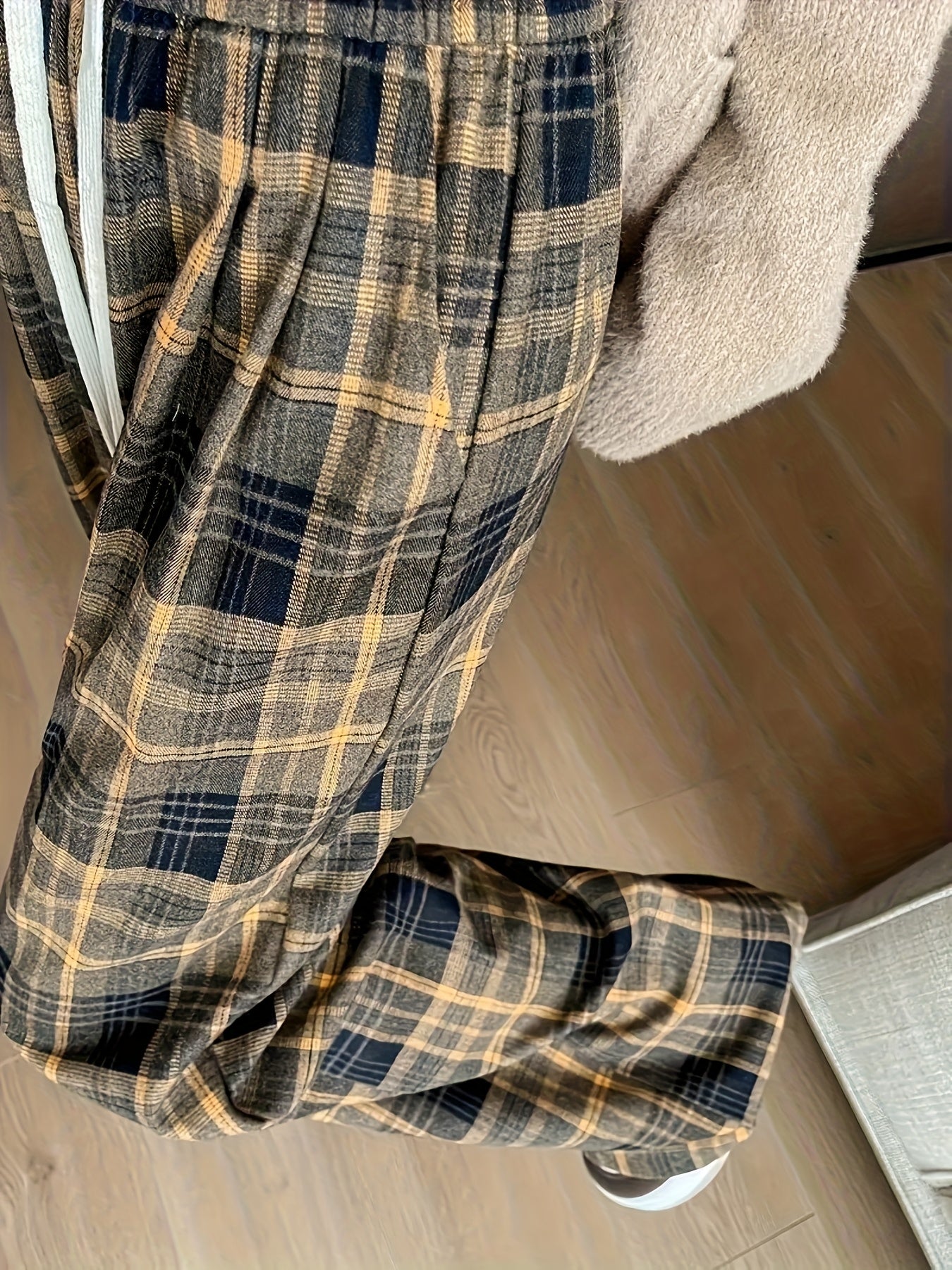 Women's Black & White Plaid Wide-Leg Pants - All-Season Loose Trousers with Drawstring Waist, Non-Transparent Casual Everyday & Formal Outfits, Machine Washable Elegant Pants for Women, Comfortable Clothing, Korean Fashion St
