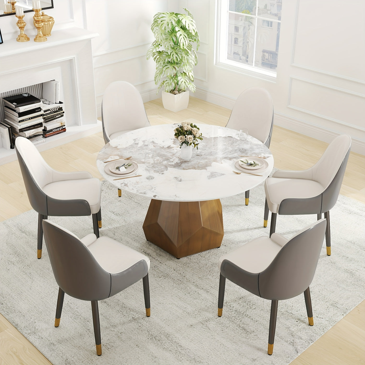 Round Dining Table(Chairs Not Included) - Marble Dining Room Table Round Kitchen Table For 6 To 8, Glossy Sintered Stone Tabletop With Solid Metal Diamond Shape Base, Circle Dining Table For Kitchen
