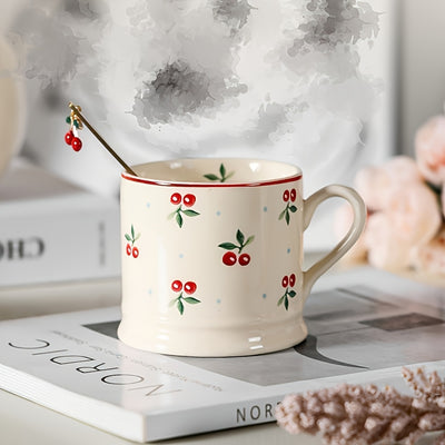 1pc Cute Korean-Style Cherry Ceramic Mug - Vibrant Red Cherry & Green Leaf Design, White with Blue Dots Background - Perfect for Coffee, Tea, Milk, and Afternoon Tea - Handwash Only, Reusable & High-Quality Gift Cup for Home,