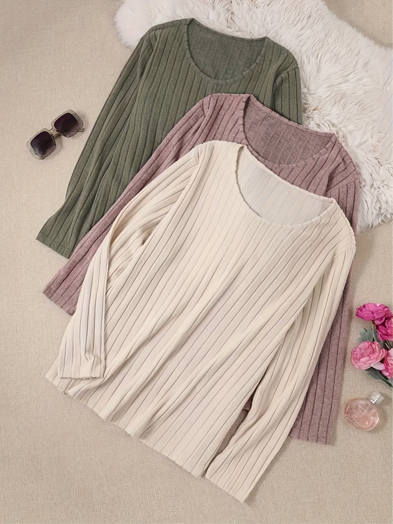 [3pcs] Ribbed Long Sleeve Casual T-Shirt Set