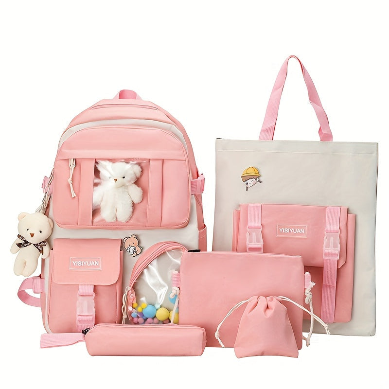 New Five-piece Backpack Korean Version Of The School Bag Women's Lightweight Harajuku Ins Casual Backpack Cute Bear Pendant Backpack