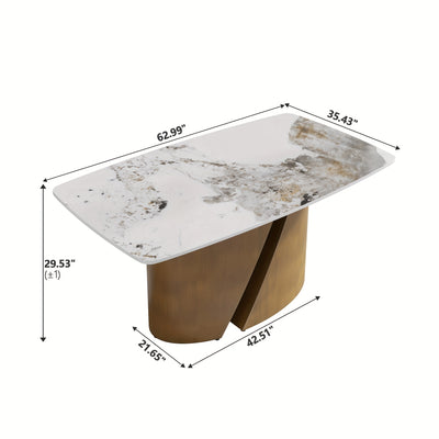 Modern Marble Dining Table for 6-8(Chairs Not Included), 63" White Rectangle Dining Table, Luxury Sintered Stone Dining Tabletop with Bronze Carbon Steel Pedestal Dinner Table for Kitchen Dining Room