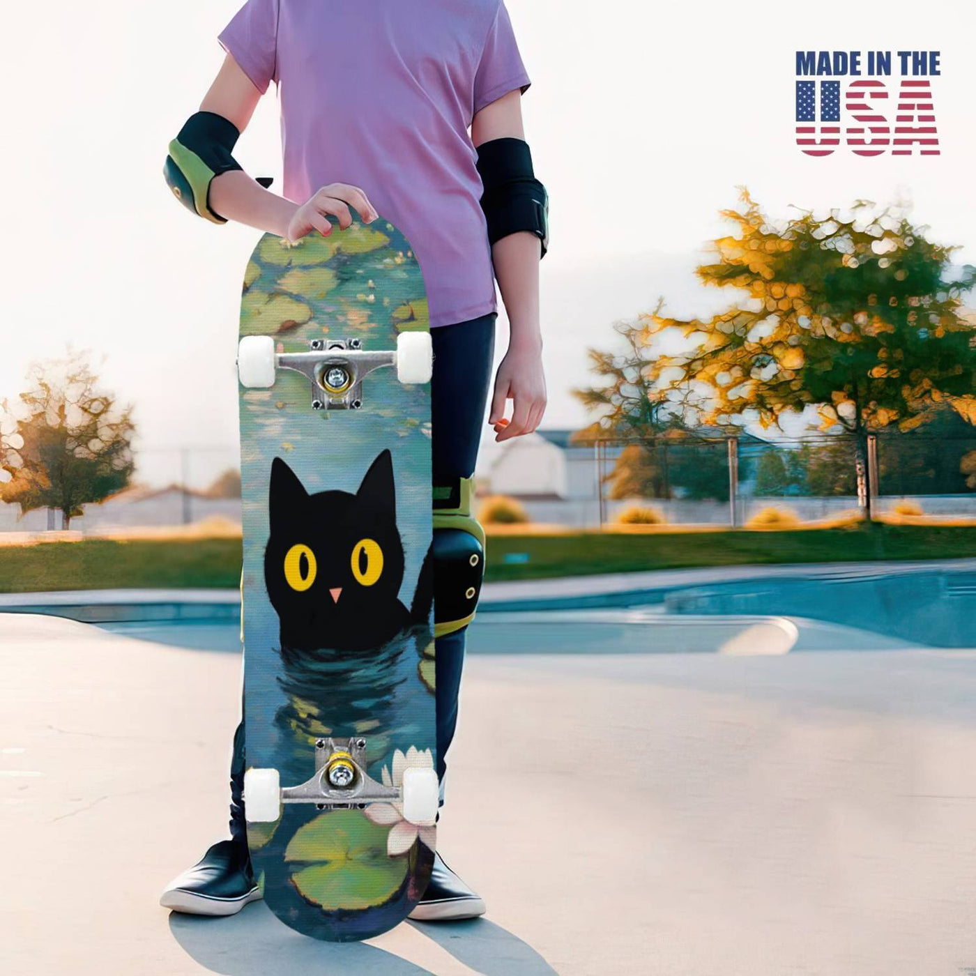 Black Cat Graphic Skateboard with Vibrant Street Art Design - Double Kicktail, ABEC-7 Bearings & Grip Tape for All Skill Levels - Durable Beginner to Pro Skateboard - Perfect Holiday Gift, Skateboarding for Fun, Playful Skate