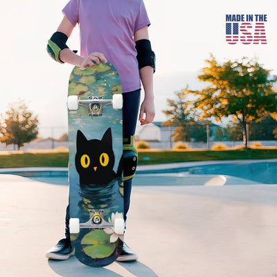 Black Cat Graphic Skateboard with Vibrant Street Art Design - Double Kicktail, ABEC-7 Bearings & Grip Tape for All Skill Levels - Durable Beginner to Pro Skateboard - Perfect Holiday Gift, Skateboarding for Fun, Playful Skate