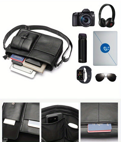 Genuine Leather Unisex Crossbody Messenger Bag - Sleek Minimalist Design with Adjustable Strap, Multiple Compartments & Metal Hardware, Black for Men & Women, Casual & Professional Use, Versatile Travel Purse | Korean Fashion
