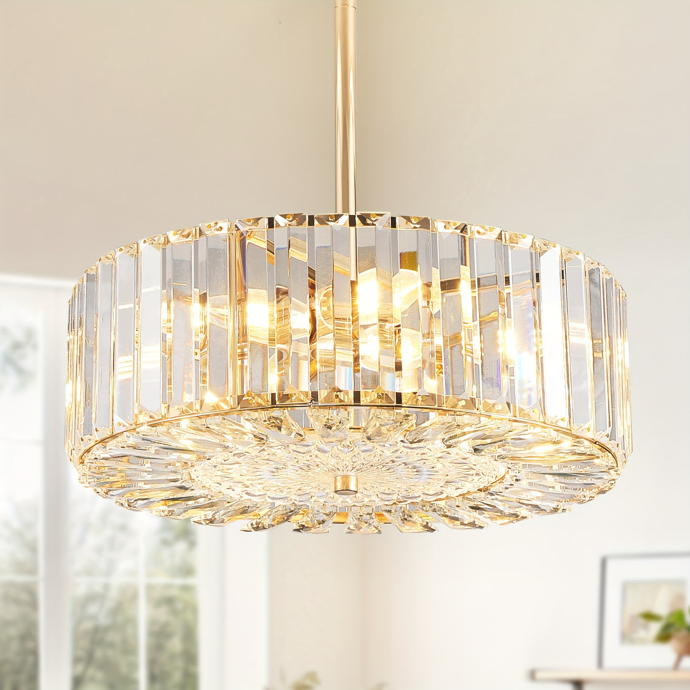 Golden Crystal Chandelier For Dining Room, 4-Light Modern Semi Flush Mount Chandelier Lighting Fixtures, Round Kitchen Hanging Drum Pendant Lights Ceiling For Bedroom Entryway Foyer, 15 Inch