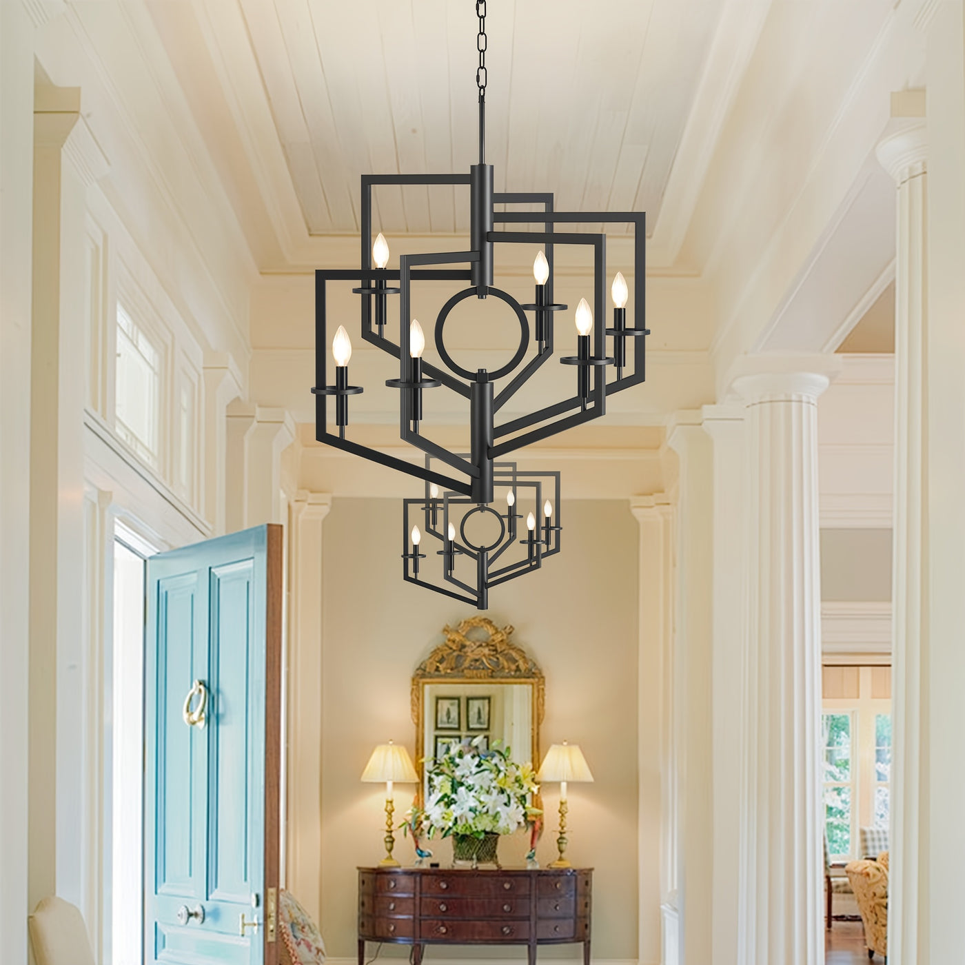 6-Light Black Chandelier for High Ceilings - Modern Adjustable Geometric Metal Fixture with Powder-Coated Finish, Semi-Flush Mount Entryway & Dining Room Lighting, E12 Bulb Compatible, No Assembly Required, Staircase Illumina