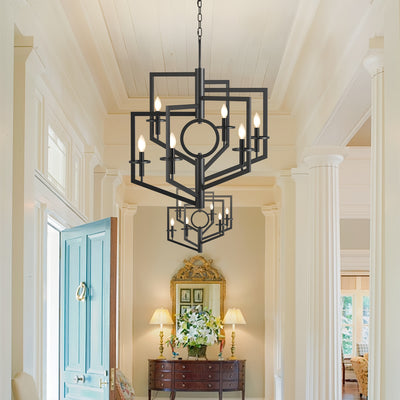 6-Light Black Chandelier for High Ceilings - Modern Adjustable Geometric Metal Fixture with Powder-Coated Finish, Semi-Flush Mount Entryway & Dining Room Lighting, E12 Bulb Compatible, No Assembly Required, Staircase Illumina