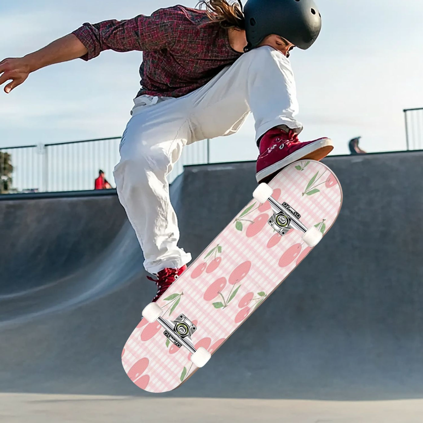 Women's Cute Cherry Blossom Skateboard with Heart Cutouts & Smooth Edges - Pastel Pink & White Checkered Grip Tape, White Trucks, Pink Wheels - All Skill Levels, Ideal for Beginners & Holiday Gifts (Girls' Street Skateboard)