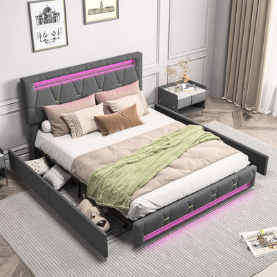 Comanlai 140x200 cm Upholstered Bed ith LED Lighting,Double Bed with 4 Drawers,Adjustable Headboard,Storage Bed,linen,Grey