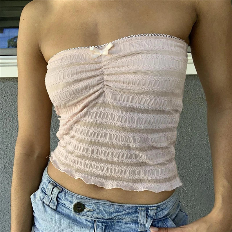 Xingqing y2k Off Shoulder Top Women Fairy Grunge Clothes Summer Sleeveless Lace Trim Patchwork Strapless Tshirt 2000s Streetwear