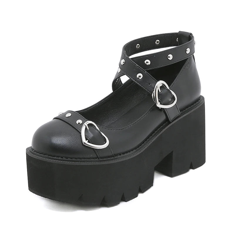 Gdgydh Gothic Lolita Shoes Platform Mary Janes for Women Round Head Thick Heel Cross Bandage Heart Buckle Kawaii Shoes Cosplay