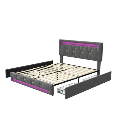 Comanlai 140x200 cm Upholstered Bed ith LED Lighting,Double Bed with 4 Drawers,Adjustable Headboard,Storage Bed,linen,Grey