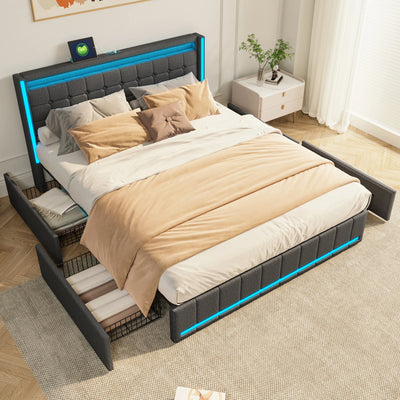 140x200cm Hydraulic Bed, Upholstered Double Bed with LED Lighting and USB Charging, with 4 Drawers, Linen Fabric, Dark Gray