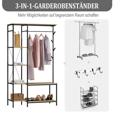 100x175x40cm Freestanding Coat Rack with Bench 3-in-1 Design Storage Wardrobe 4-Tier Shelf 4 Hooks 1 Clothes Rail for Bedroom