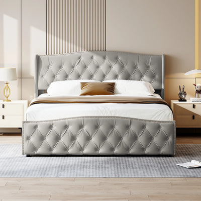 Upholstered Bed, Hydraulic Bed In Modern Style, 140/160 X 200 Cm, Gray Flannel Rivet. Double Bed Without Mattress