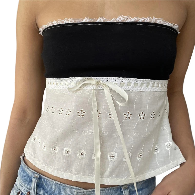 Xingqing y2k Off Shoulder Top Women Fairy Grunge Clothes Summer Sleeveless Lace Trim Patchwork Strapless Tshirt 2000s Streetwear