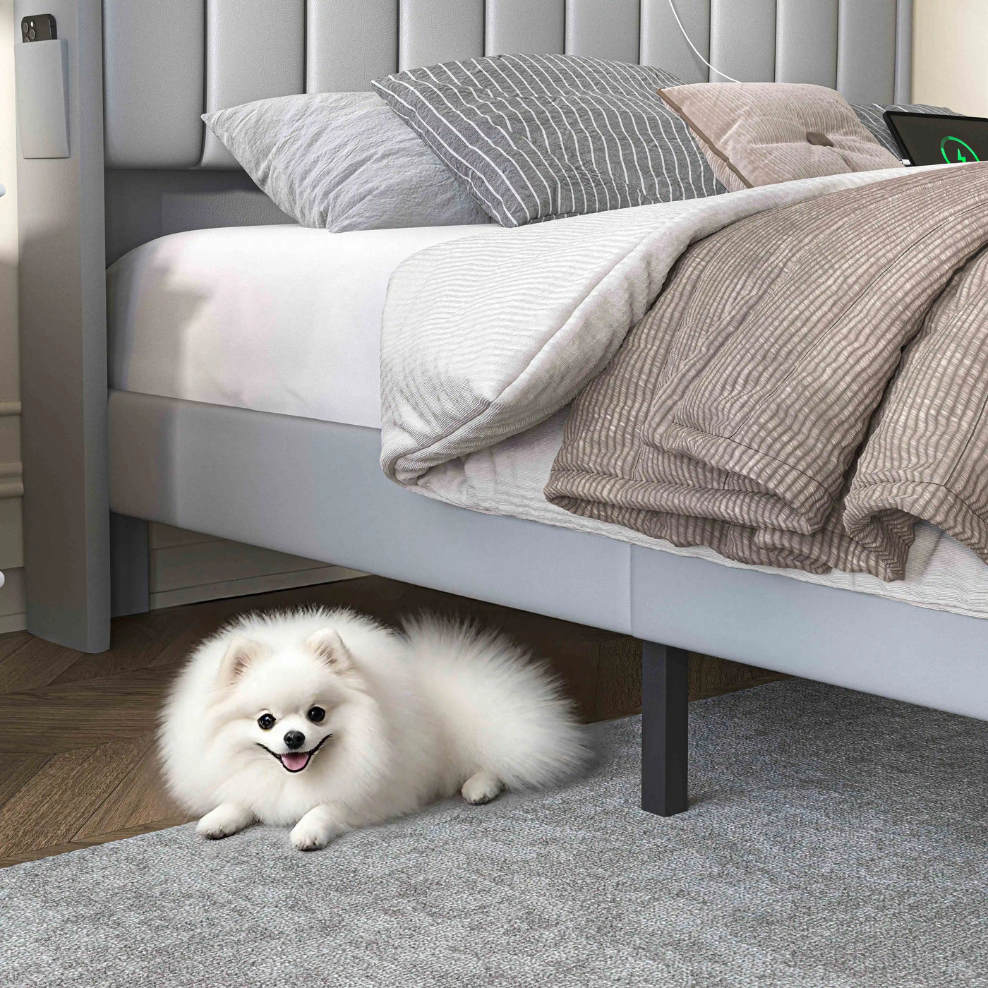 Sibeds Aurora Queen Bed Frame with Pet Rest Area, Storage Headboard, PU Leather Platform, Star Projector