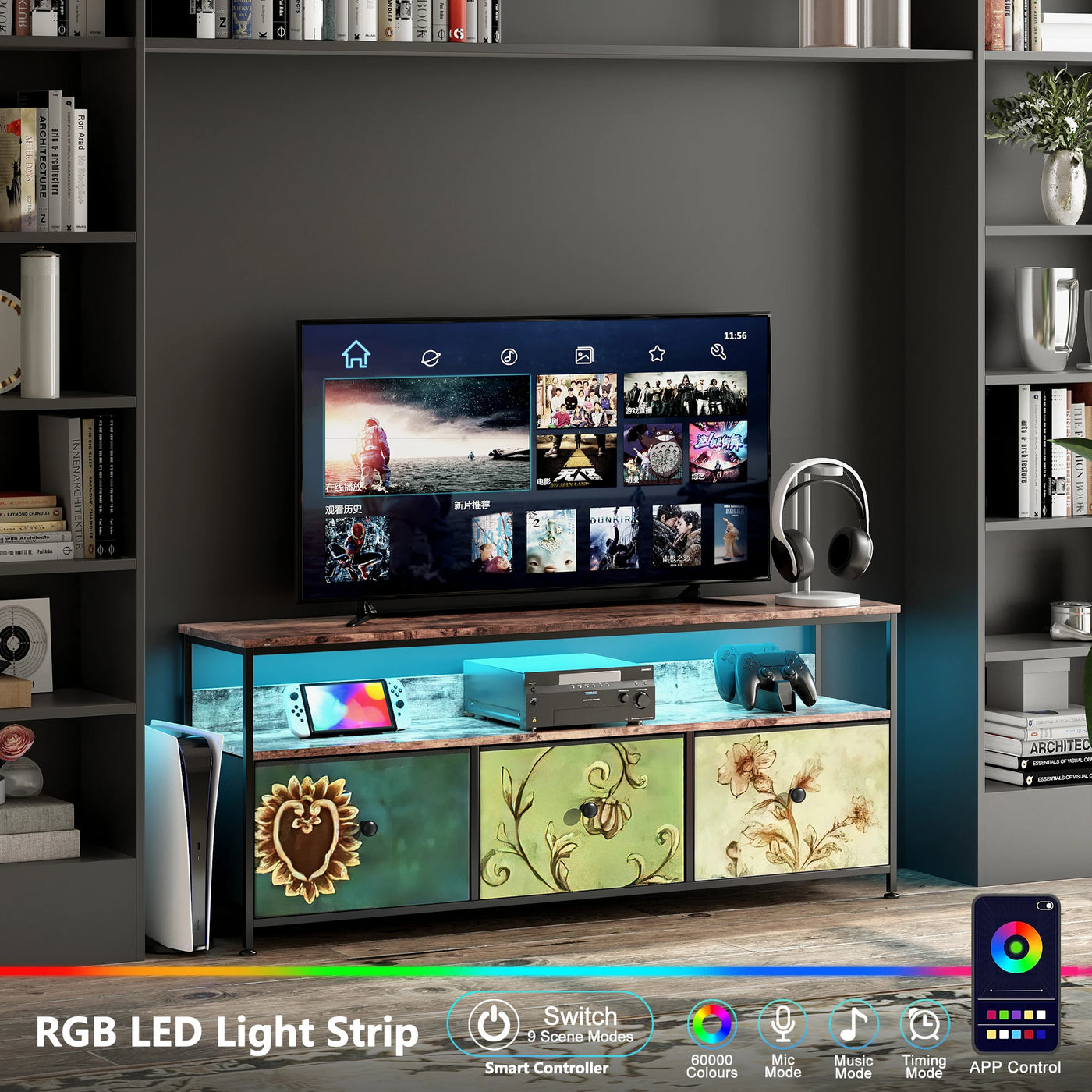 108×30×57cm TV Cabinet, Sideboard with 3 Storage Fabric Drawers and Open Shelves, with LED Lighting and Height-adjustable Feet