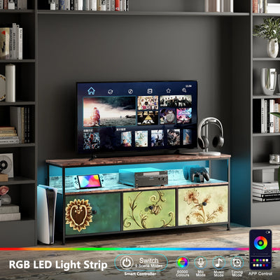 108×30×57cm TV Cabinet, Sideboard with 3 Storage Fabric Drawers and Open Shelves, with LED Lighting and Height-adjustable Feet