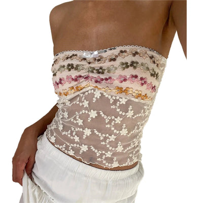 Xingqing y2k Off Shoulder Top Women Fairy Grunge Clothes Summer Sleeveless Lace Trim Patchwork Strapless Tshirt 2000s Streetwear