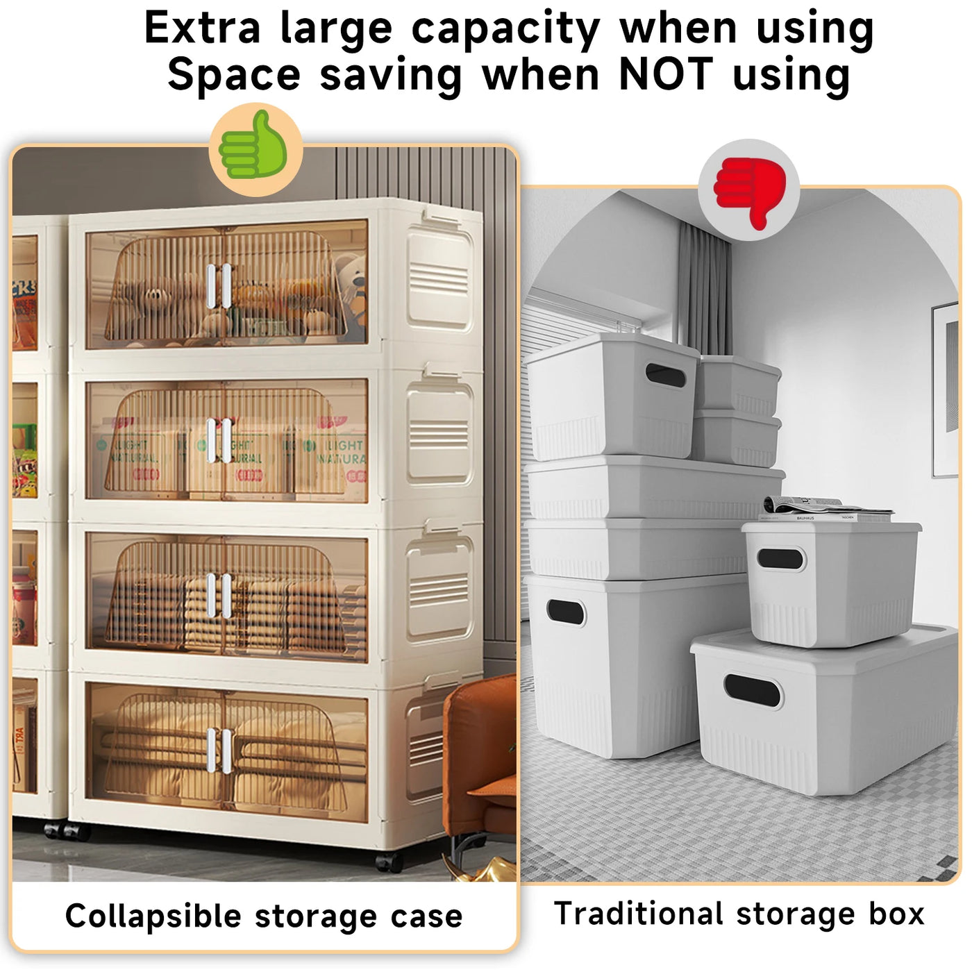 Foldable Storage Box with Clear Door Large Capacity Plastic Storage Bin Living Room Stackable Sundries Storage Box with Wheels