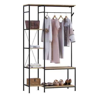 100x175x40cm Freestanding Coat Rack with Bench 3-in-1 Design Storage Wardrobe 4-Tier Shelf 4 Hooks 1 Clothes Rail for Bedroom