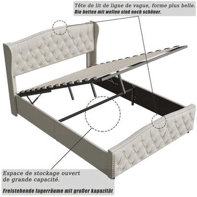 Upholstered Bed, Hydraulic Bed In Modern Style, 140/160 X 200 Cm, Gray Flannel Rivet. Double Bed Without Mattress